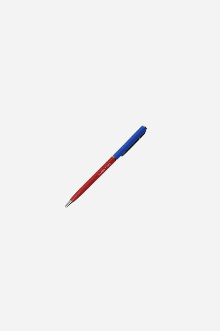 Red pen with blue clip on a white background