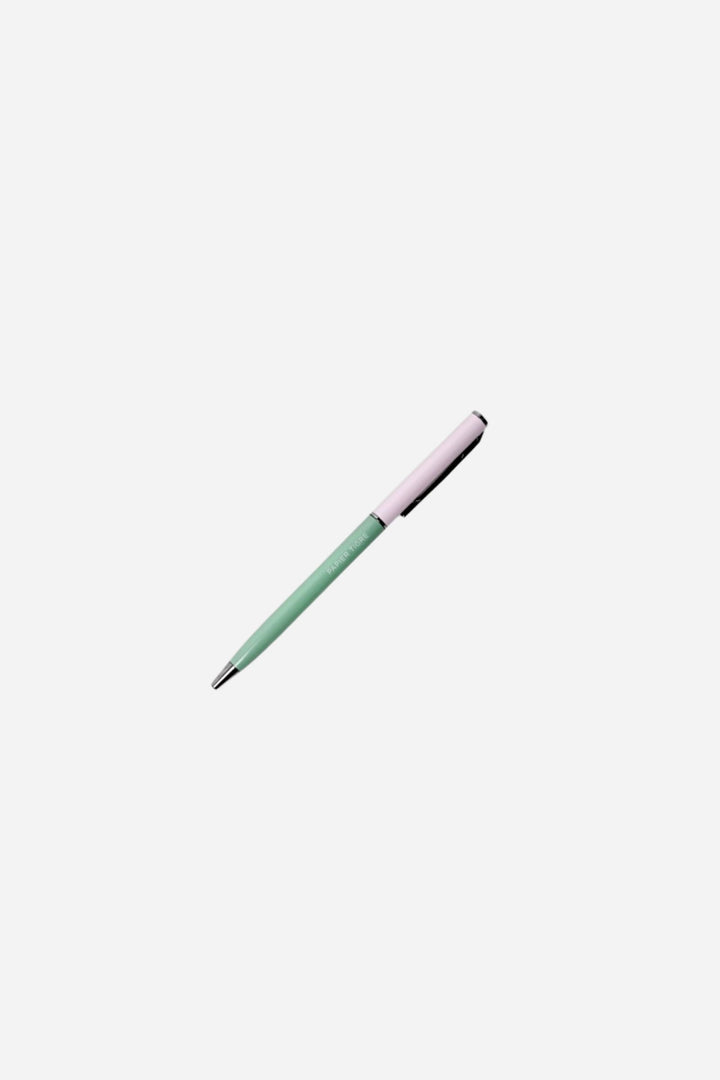 Two-tone pen with pink top and green body on a white background