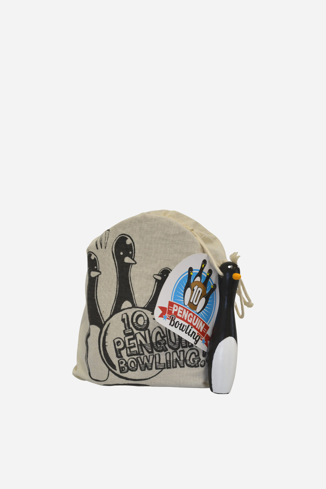 Drawstring bag with penguin design and text on a white background
