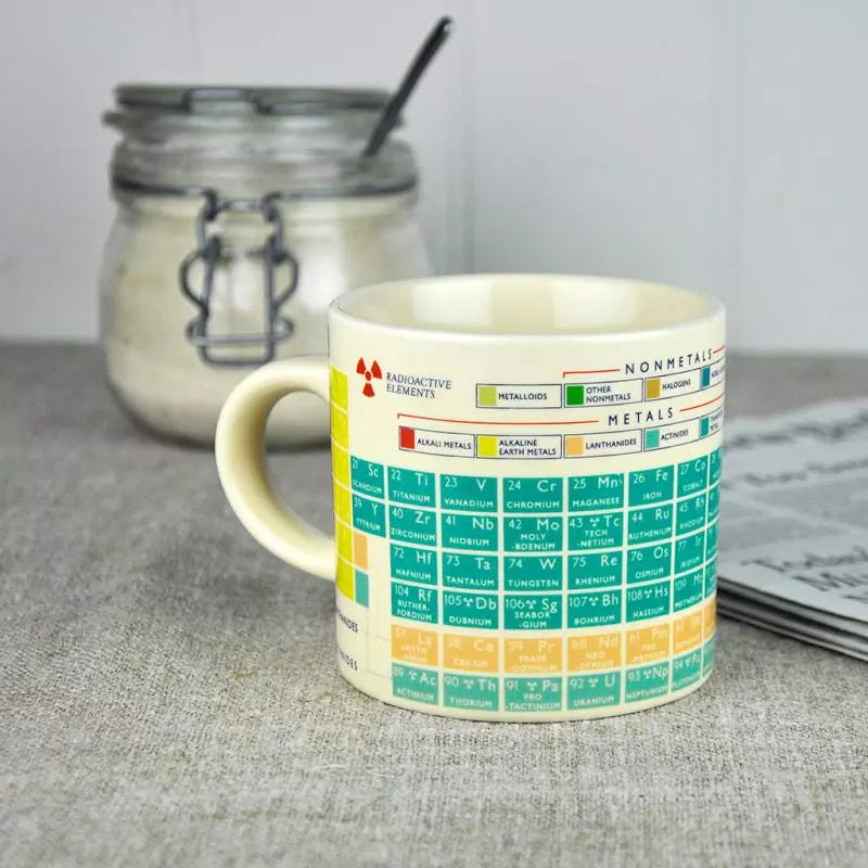 Mug with periodic table design on a surface with a jar and newspaper in the background