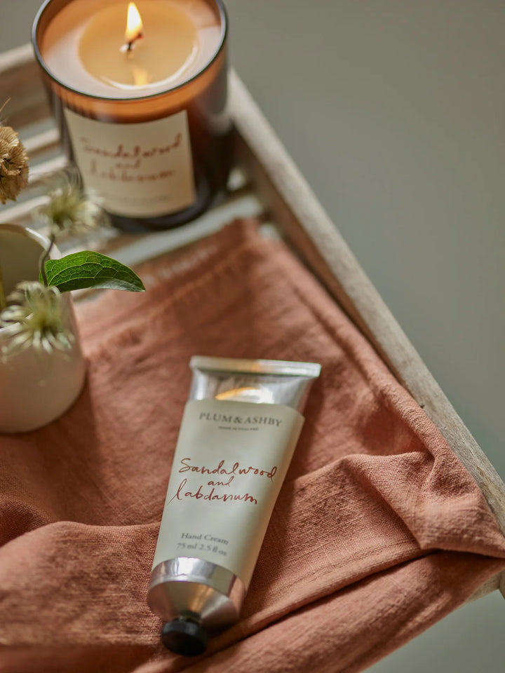 plum and ashby hand cream sandalwood and labdanum on terracotta linen