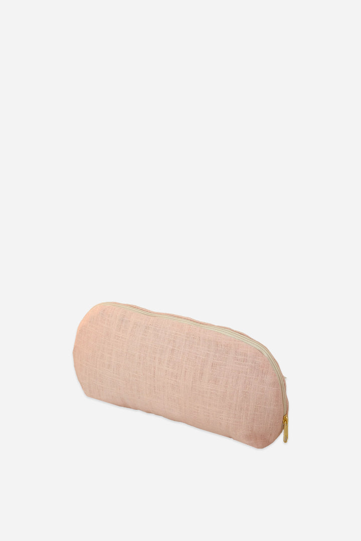 Pink oval pouch with a gold zipper on a white background