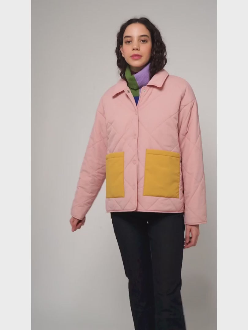 pink padded boxy jacket by bobo choses with colour block yellow patch pockets video