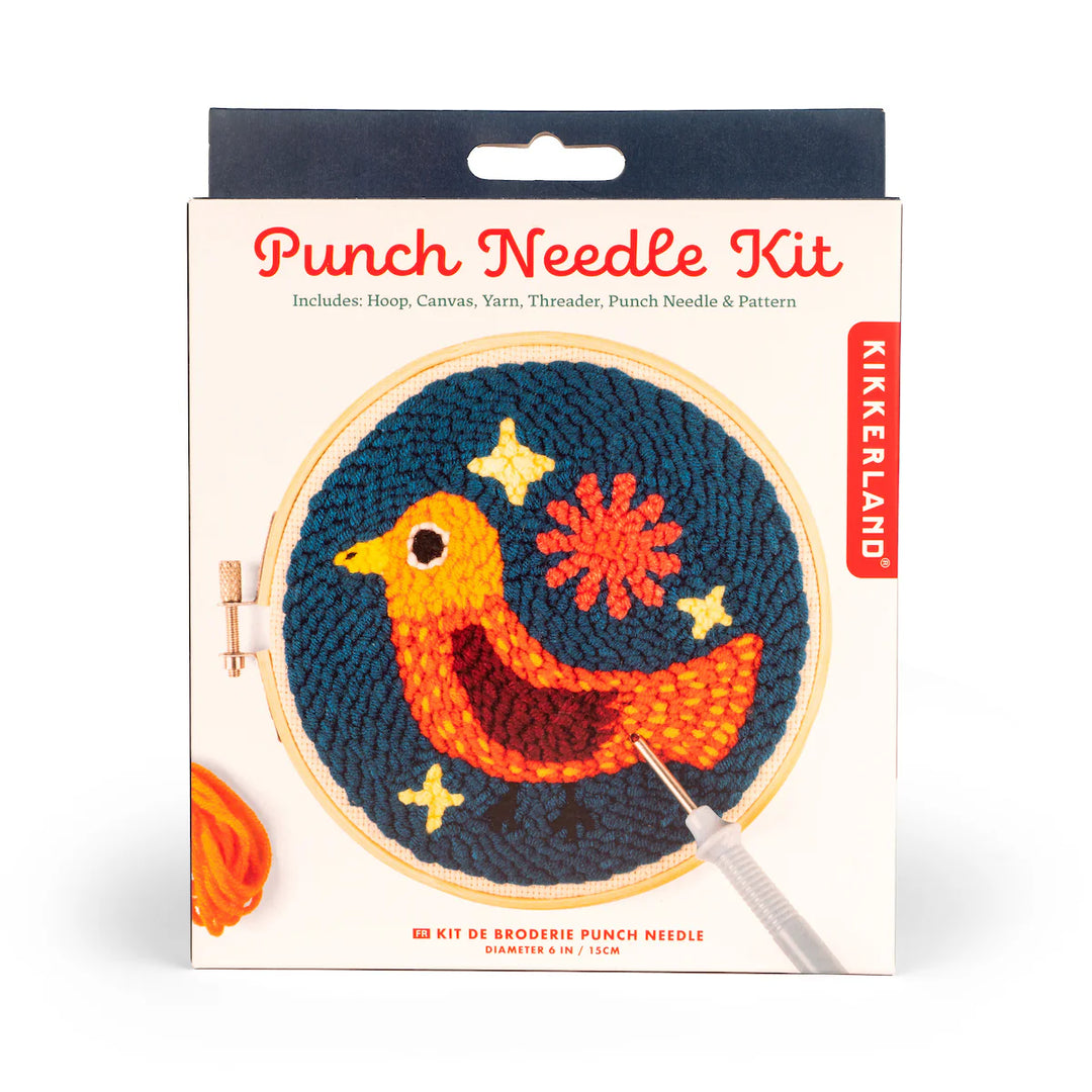 Punch needle kit packaging with a colorful bird design on a white background
