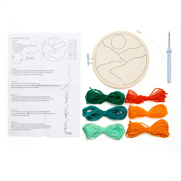 Embroidery kit with hoop, threads, needle, and instructions on a white background