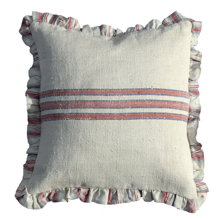 Vintage Linen Ruffle Edge Cushion / Red Stripe