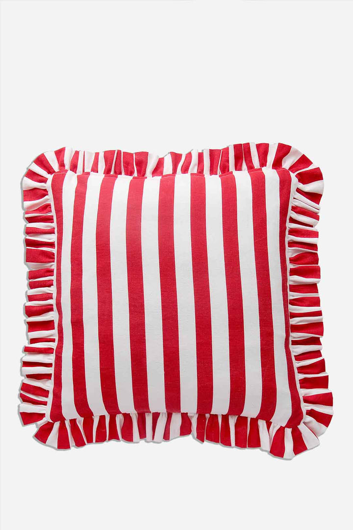 red and white candy striped cushion with ruffle trim