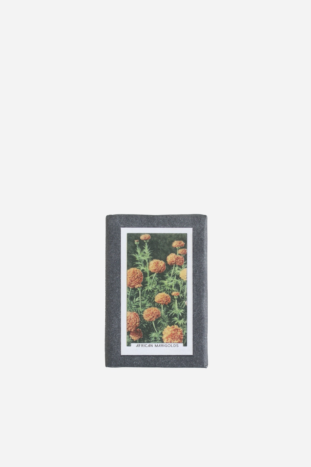 retro olive soap with vintage-style botanical illustration of orange marigolds
