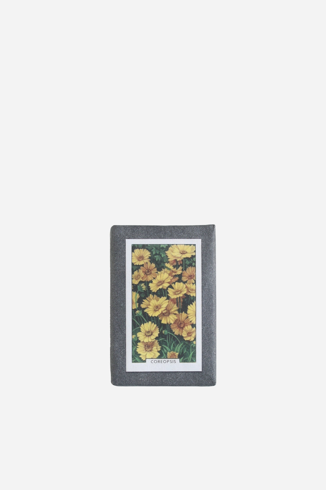 A slim gray bifold wallet with a vertical floral print of yellow flowers on the front, shown against a plain light gray background.
