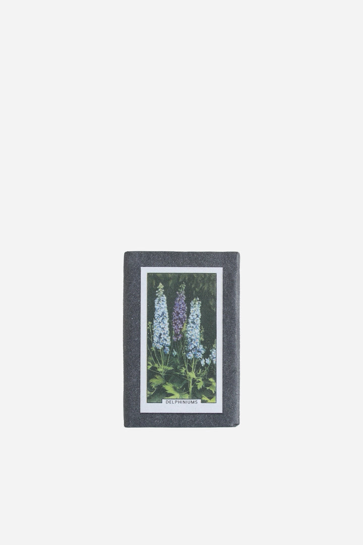 retro olive soap with vintage botanical delphinium wrapper