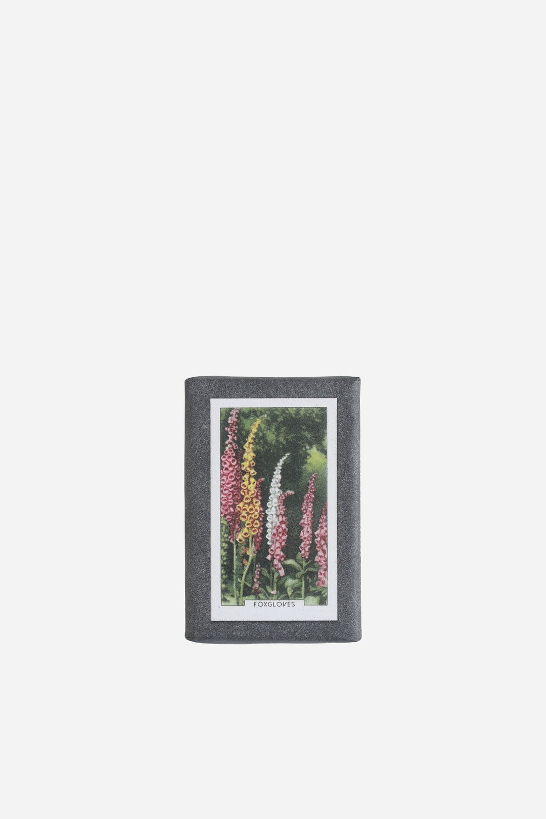 olive soap with botanical floral print of pink and yellow foxgloves