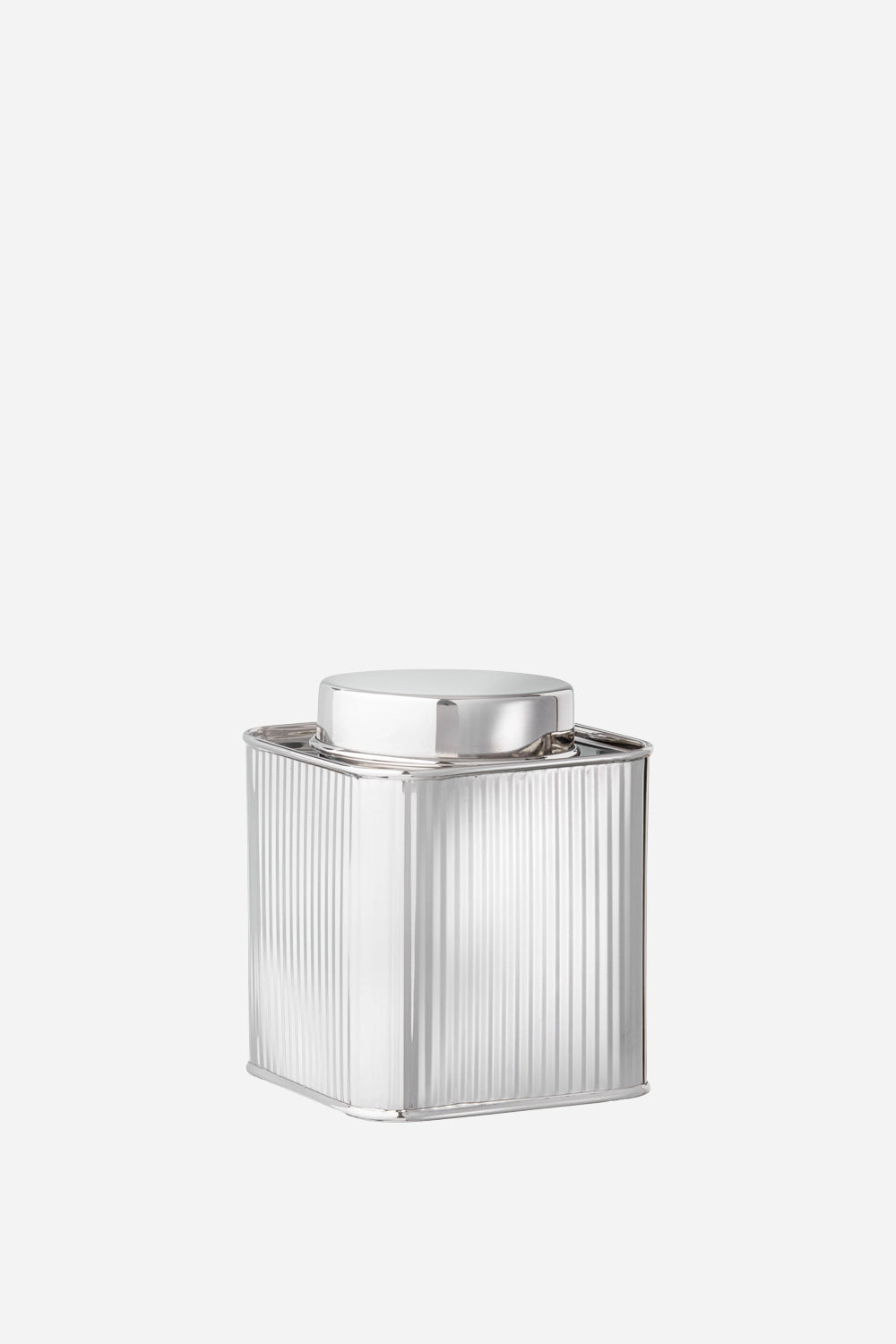Silver square container with ribbed design on a white background
