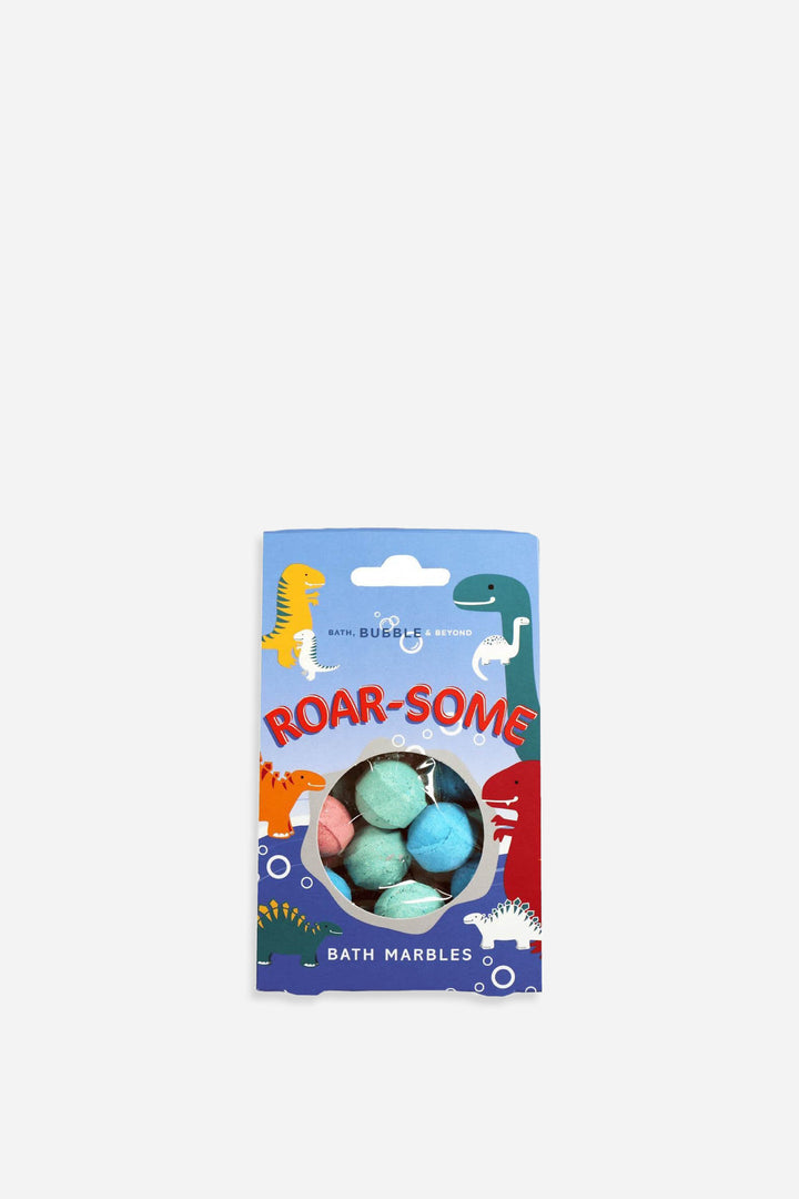 Pack of bath marbles with colorful packaging featuring dinosaur illustrations on a white background.