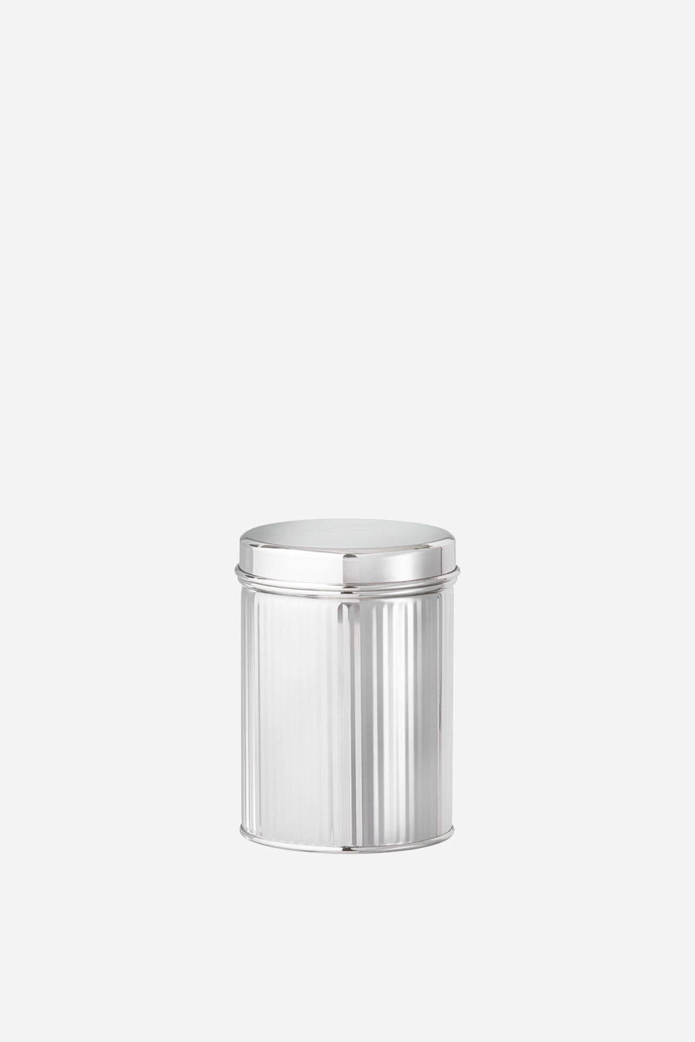 Silver cylindrical container on a white background