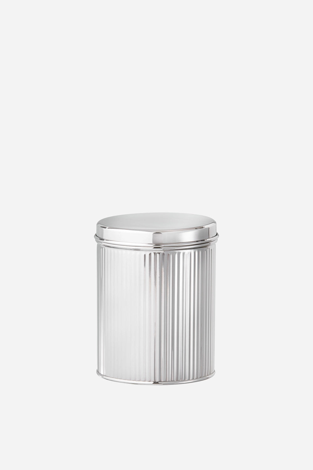 Silver cylindrical container with a ribbed texture on a white background