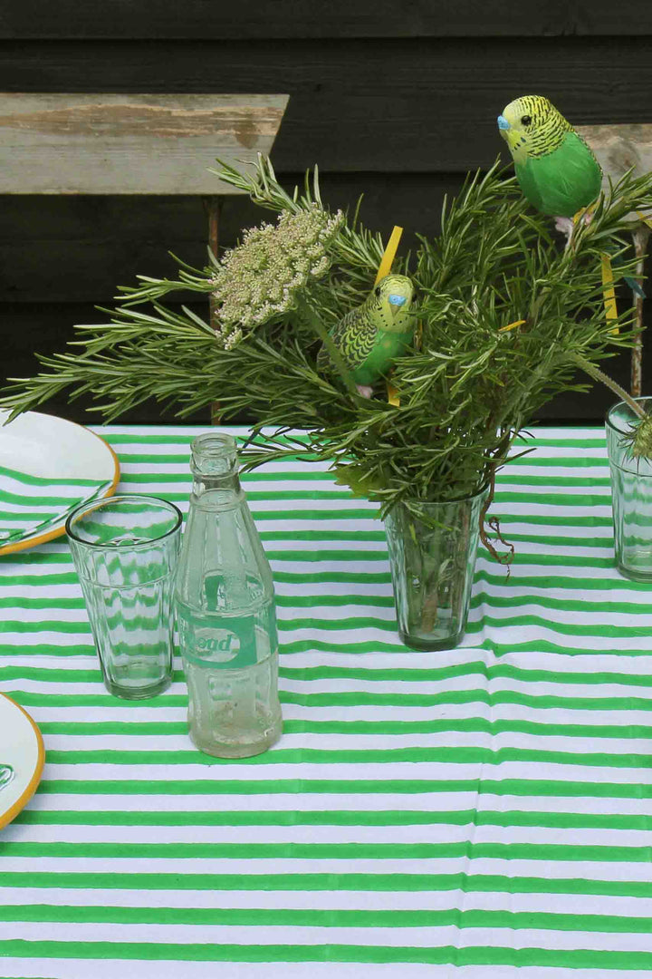 ruffle stripe tablecloth green on garden table with vintage glassware