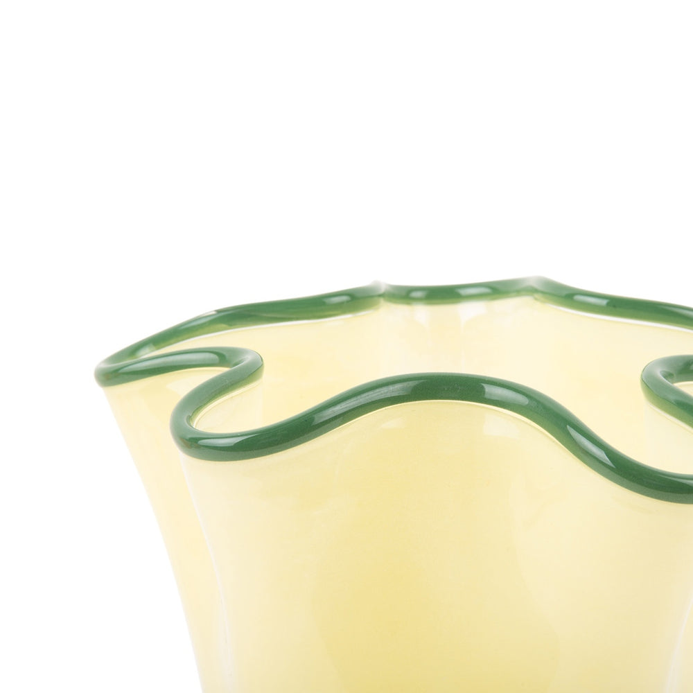 ruffles vase in soft yellow with green rim