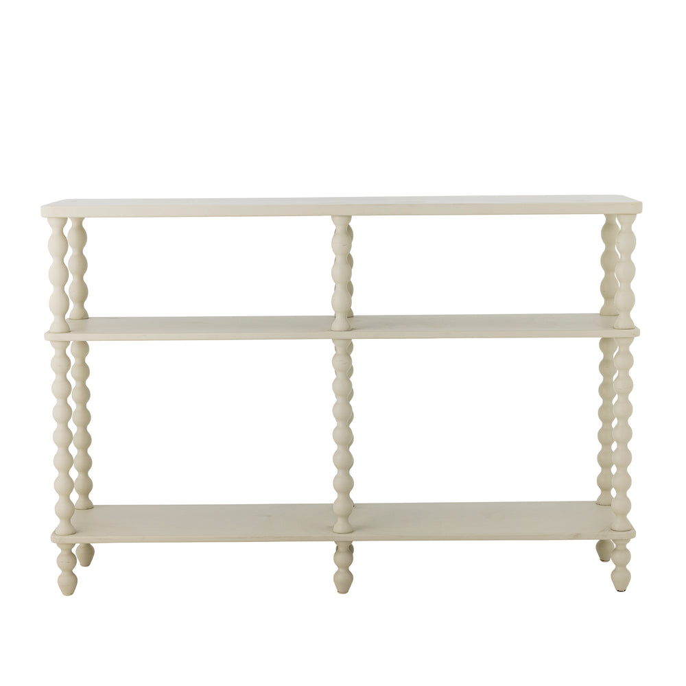 White decorative console table with spool legs on a white background