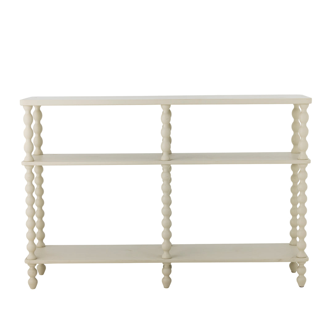 White decorative console table with spool legs on a white background