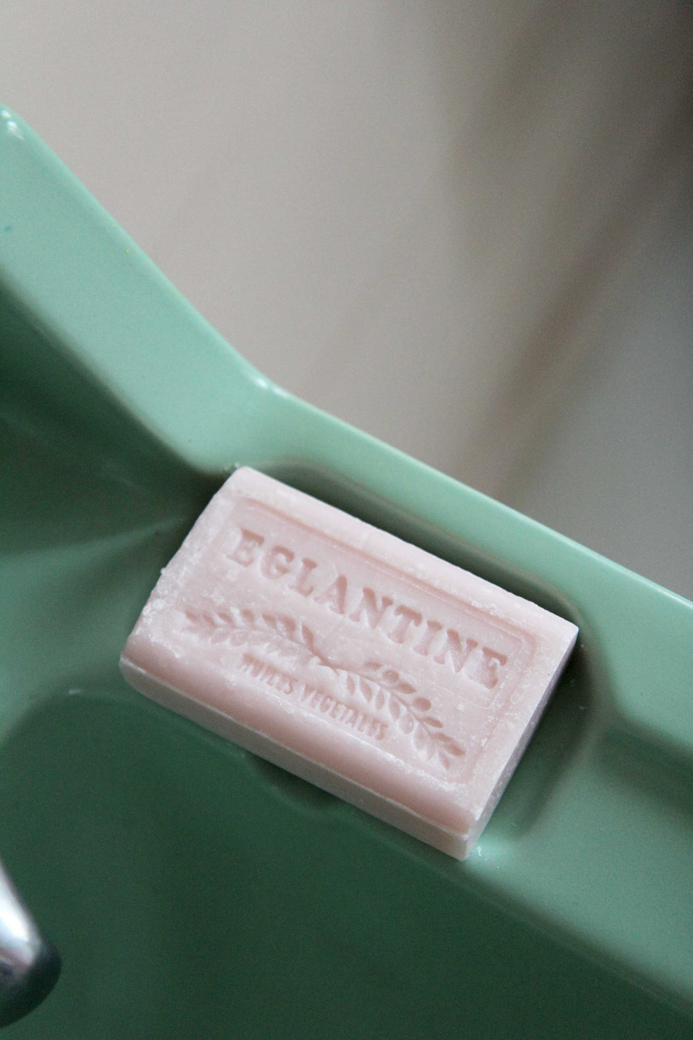 savon de marseille soap bar eglantine on vintage green sink