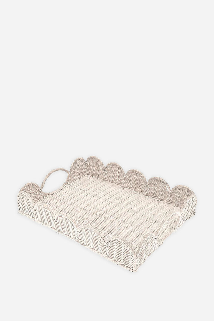 Rattan Scalloped Tray / White