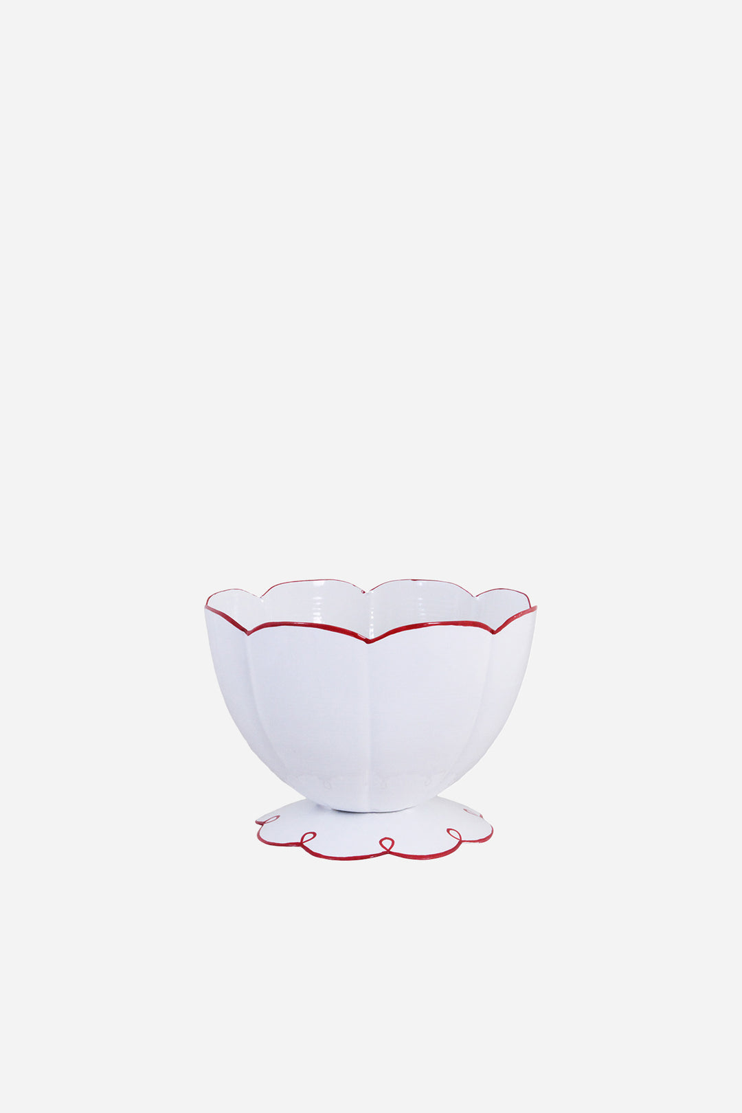 White bowl with red rim and base on a white background