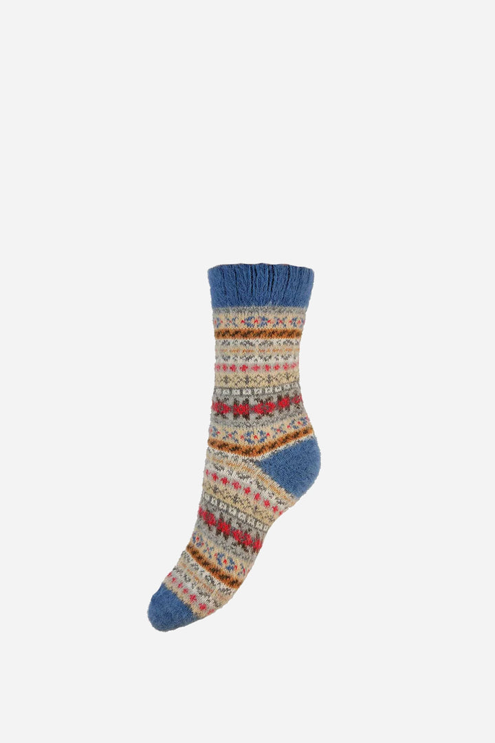 Multicolored patterned sock on a white background
