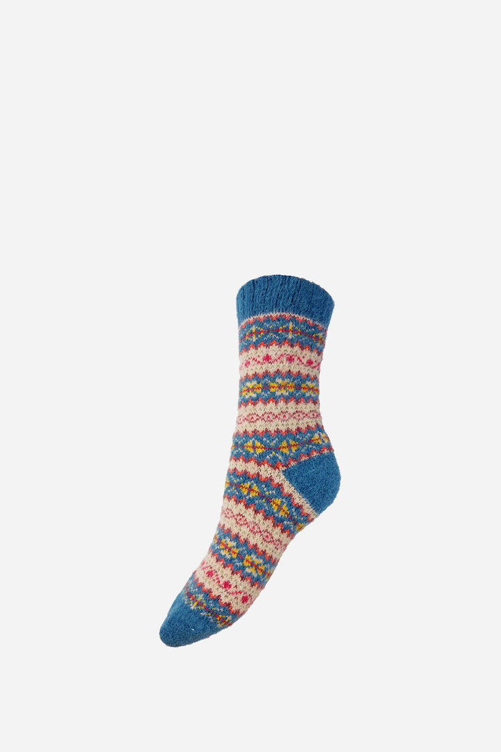 Knitted sock with a colorful pattern on a white background