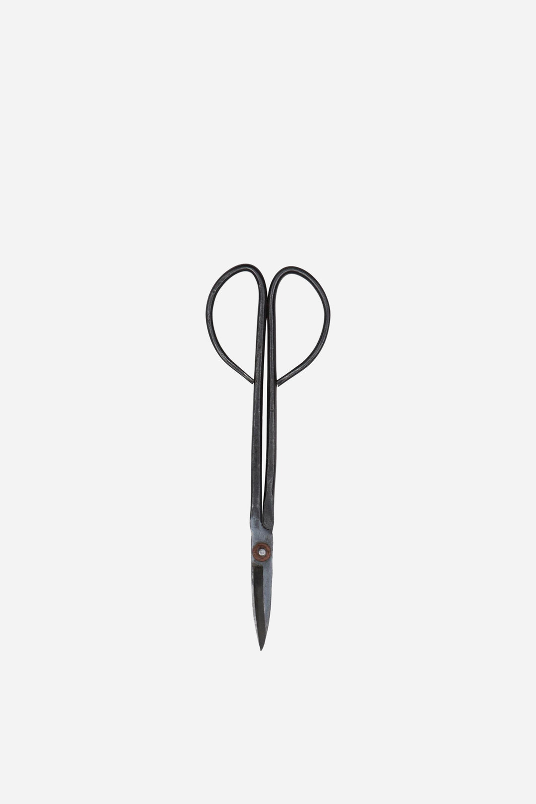 A pair of vintage-style scissors with long black handles and dark steel blades, centered on a light gray background.