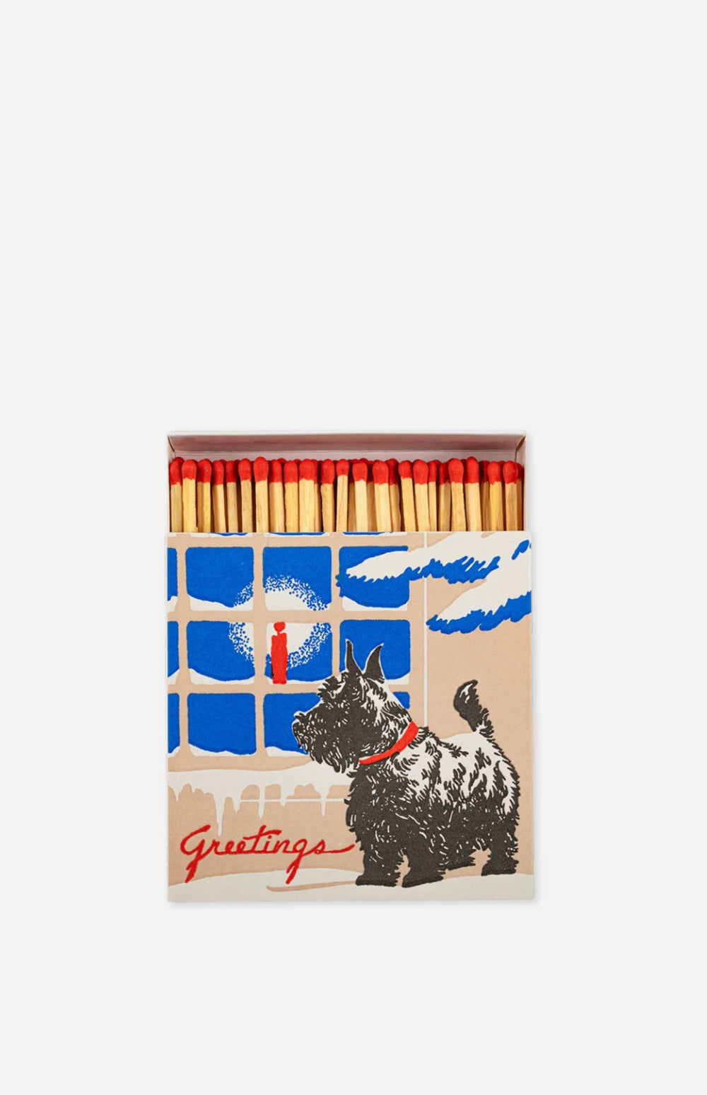 Matchbox with a dog illustration and 'Greetings' text on a white background