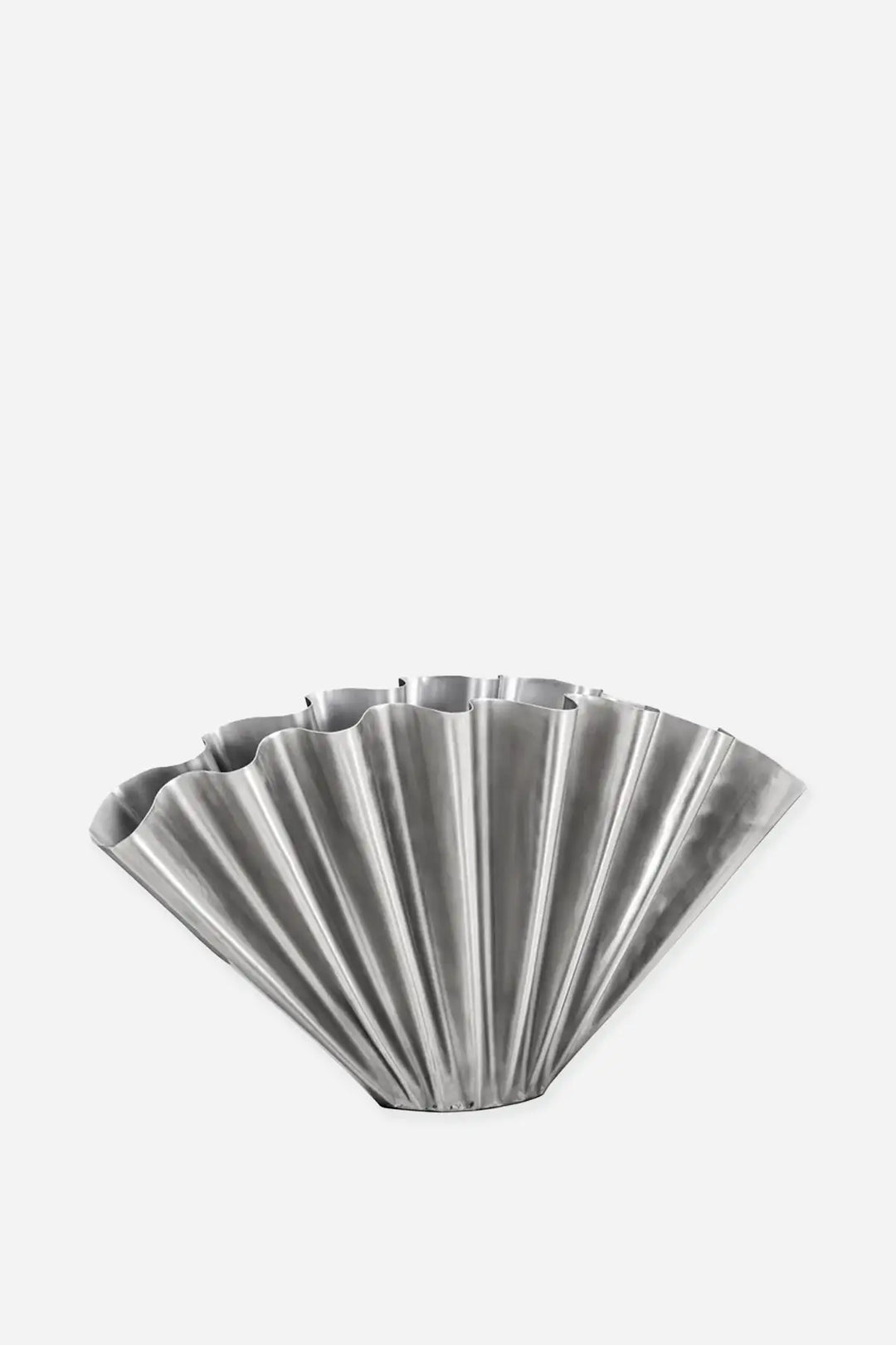 A metallic silver, scalloped fan-shaped vase, shown against a plain light grey background.