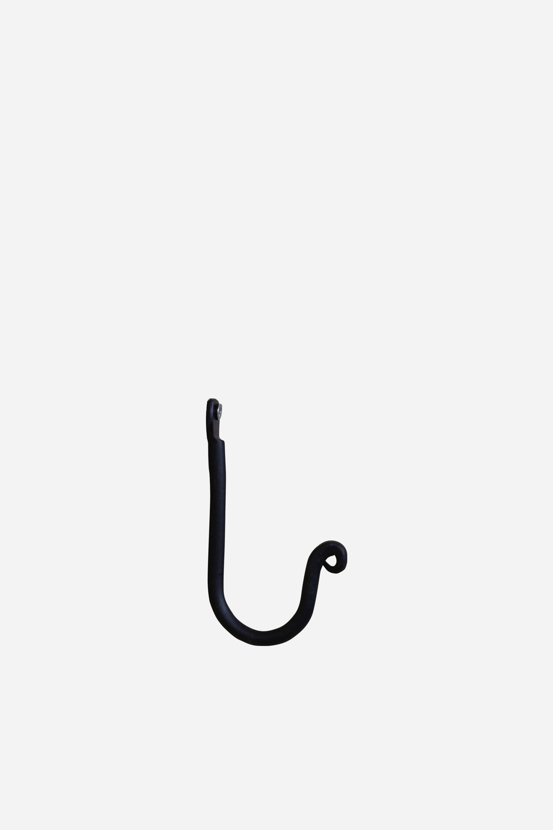 Black metal hook on a white background