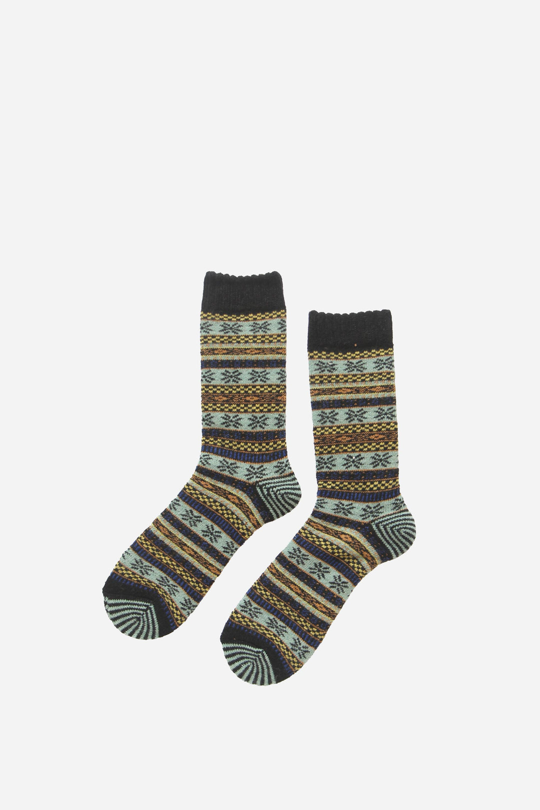 Pair of patterned socks on a light gray background