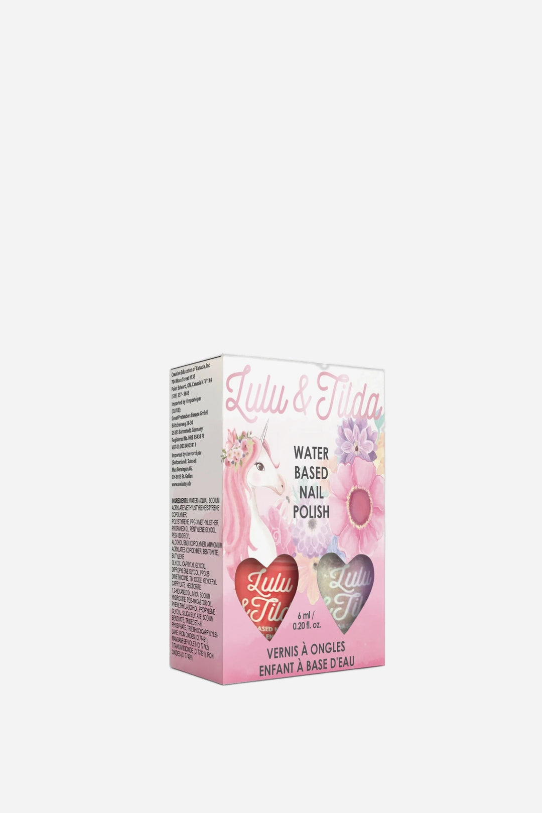 A boxed water-based nail polish product on a plain light gray background. The package is predominantly pink with unicorn illustrations and two heart-shaped color windows showing red and purple polish colors.