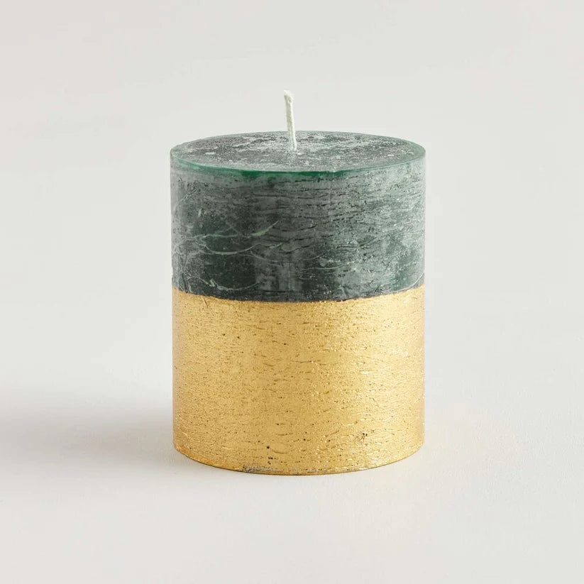 Gold Dipped Pillar Candle / Winter Thyme