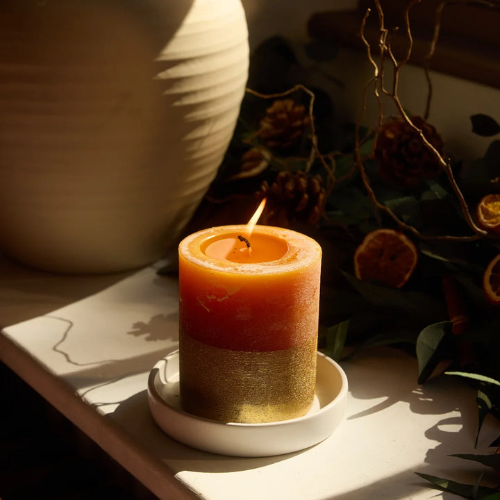 St Eval Gold Half Dipped Pillar Candle / Orange & Cinnamon