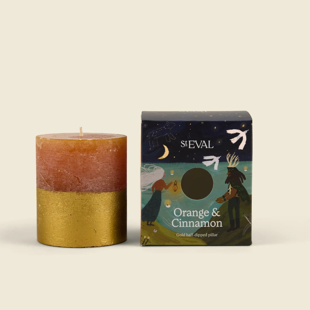 St Eval Gold Half Dipped Pillar Candle / Orange & Cinnamon