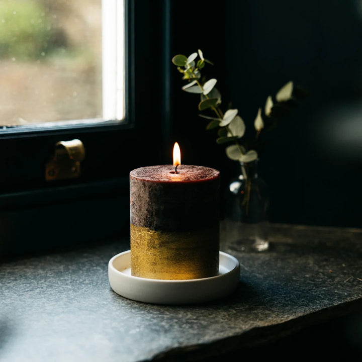 St Eval Gold Half Dipped Pillar Candle / Sacred Forest