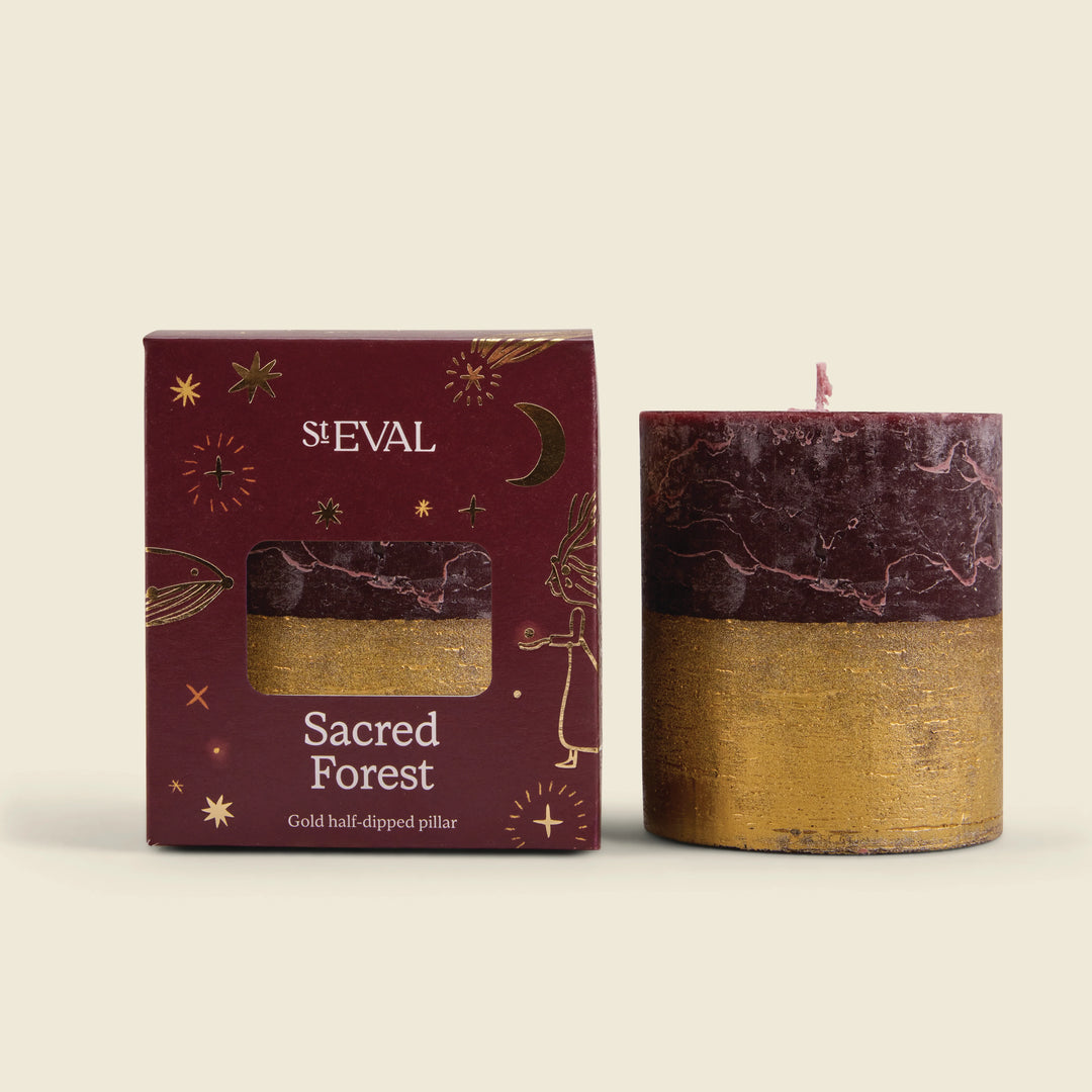St Eval Gold Half Dipped Pillar Candle / Sacred Forest