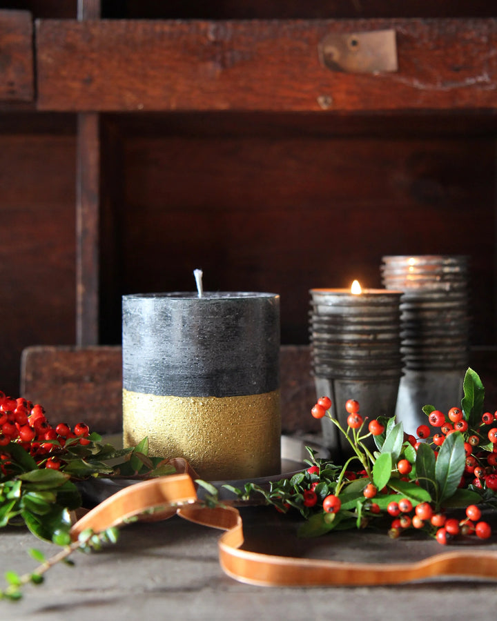 Gold Dipped Pillar Candle / Winter Thyme
