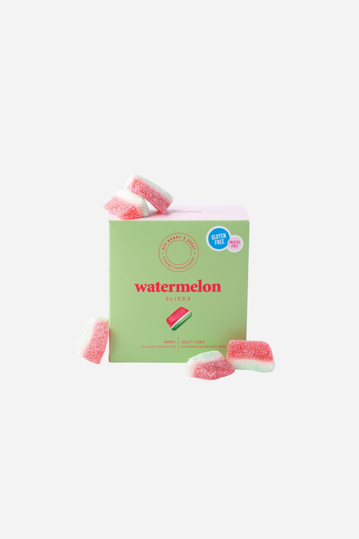 Green box of watermelon-flavored gummy candies on a white background