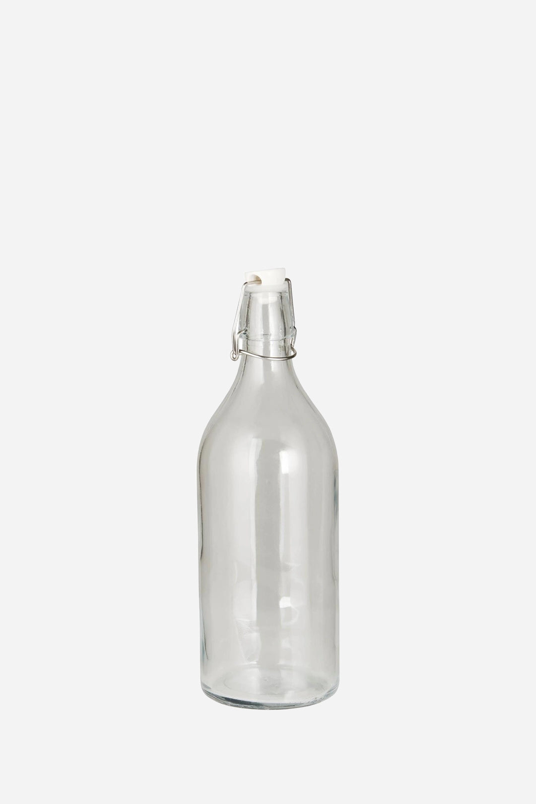 A clear glass swing-top bottle with a metal clasp closure, shown against a plain light gray background.