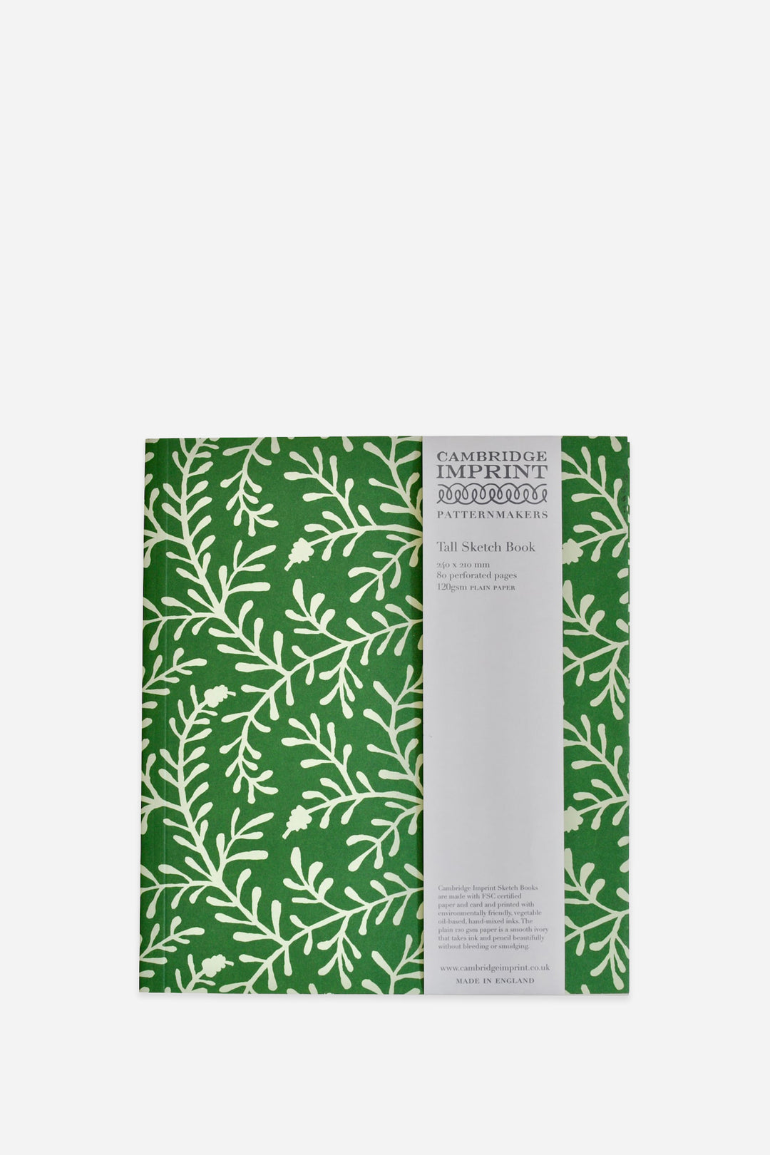 Cambridge Imprint Patternweave sketchbook with a green and white botanical pattern cover and a white paper band label, shown on a light gray background.