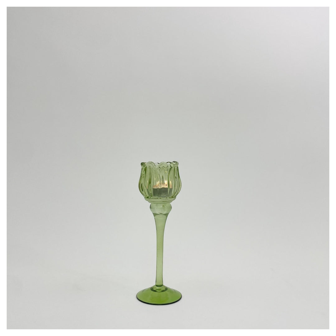 tulip shaped green glass candle holder med