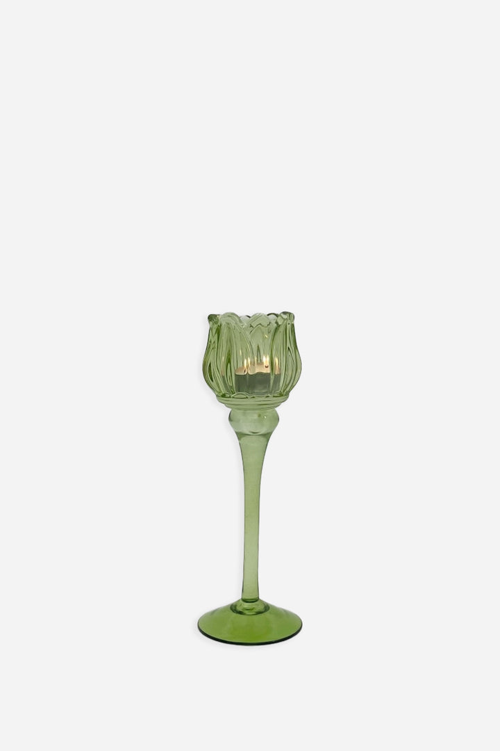 tulip shaped green glass candle holder med