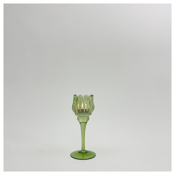 tulip shaped green glass candle holder short