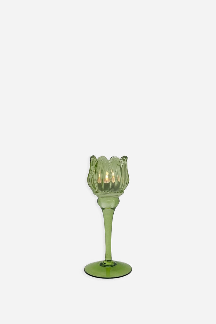 tulip shaped green glass candle holder short