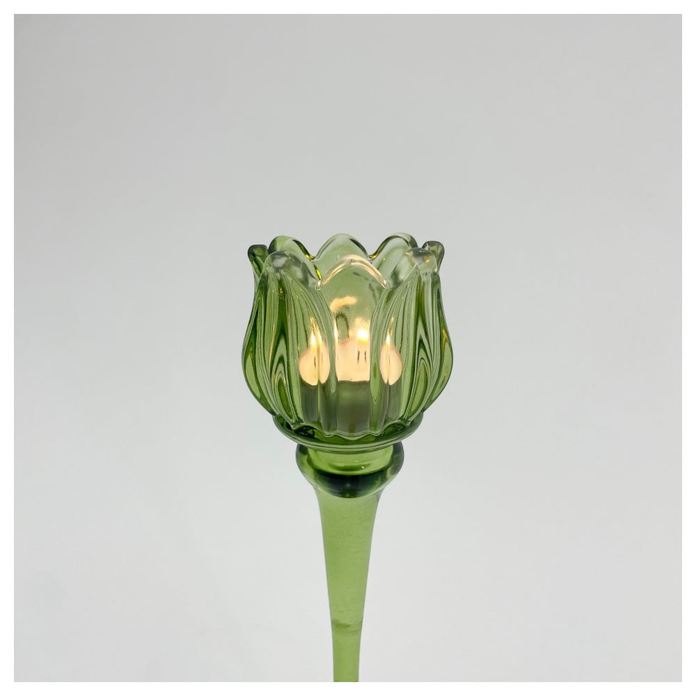 tulip shaped green glass t-light holder