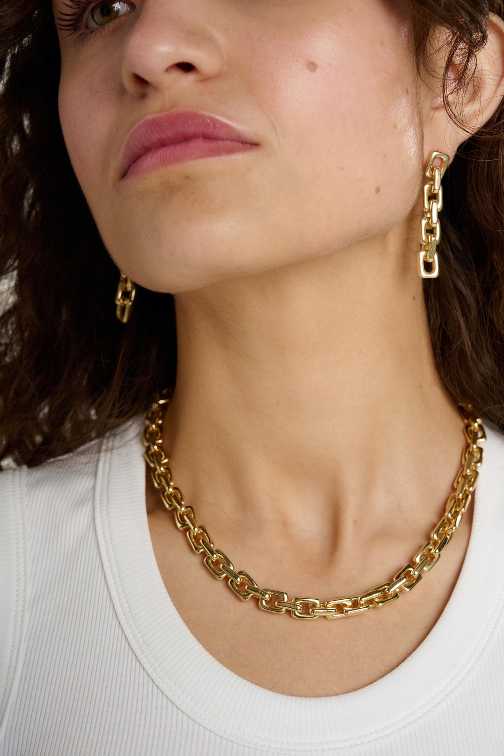 Close-up of a person wearing gold chain necklace and earrings.