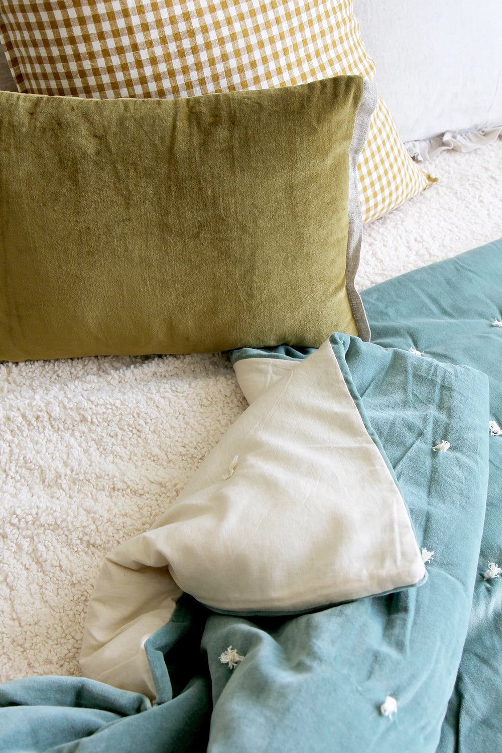 ruffled velvet quilted bedspread in celadon blue